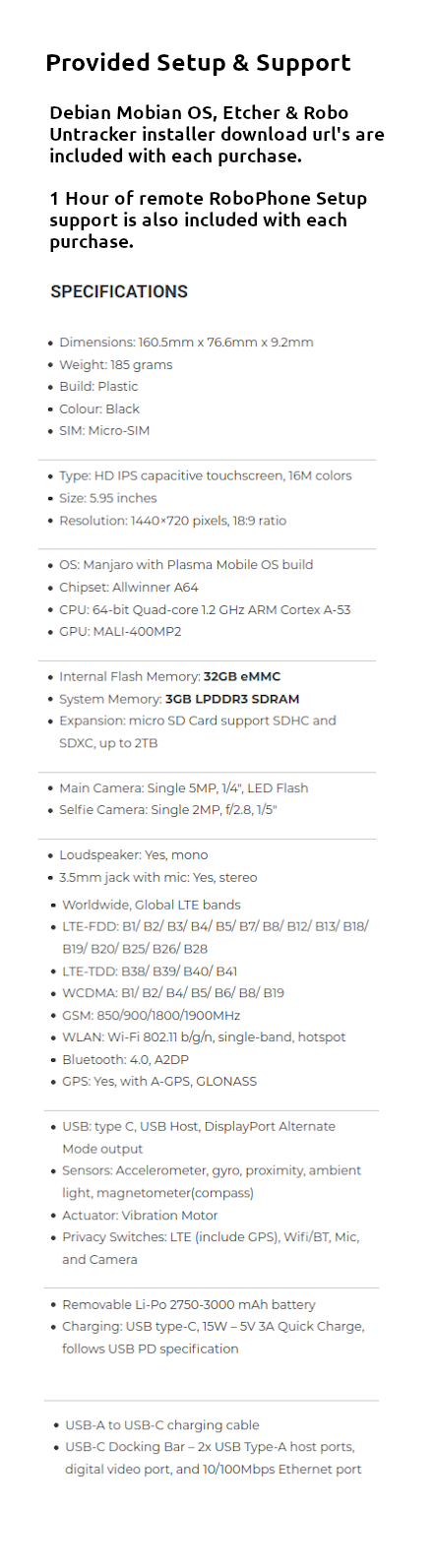 RoboPhone Specifications